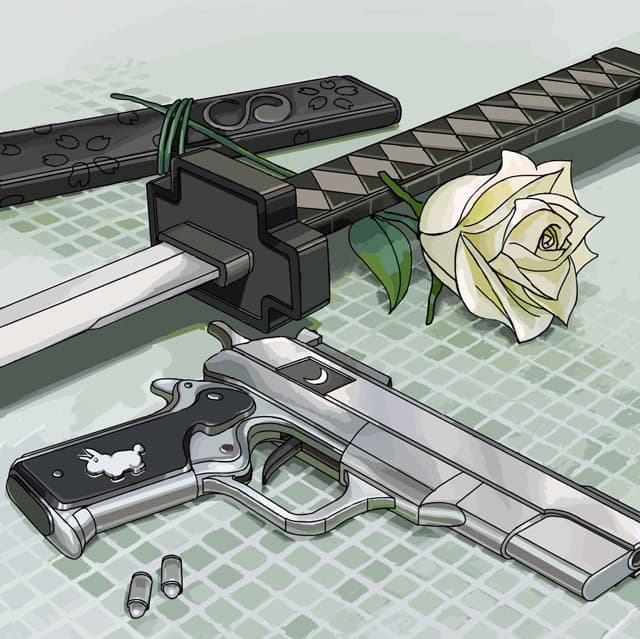 Gun, rose, and sword